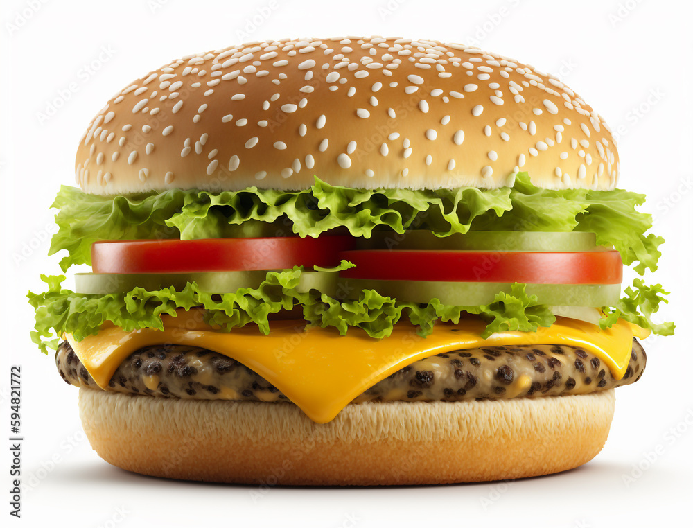 A cheeseburger with lettuce, tomato, and cucumber on it. A cheeseburger with lettuce, tomato, and cucumber on it.