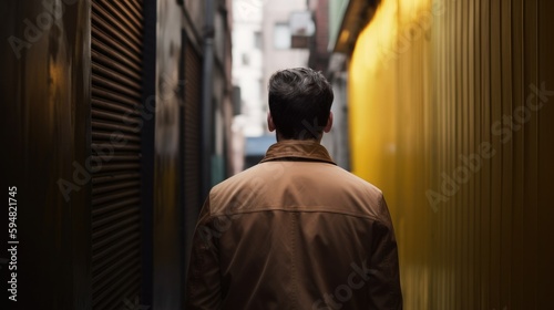 Back view of a man walking in an alleyway. Generative AI.