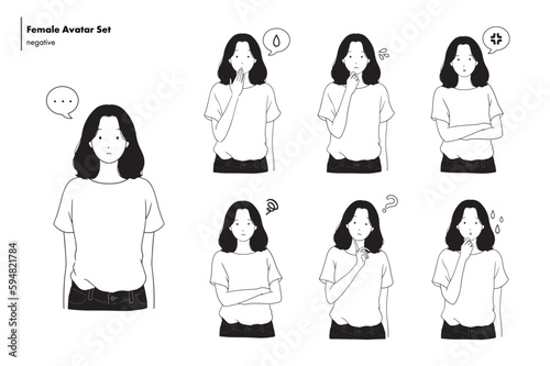 ネガティブな表情の女性アバターアイコンセット
