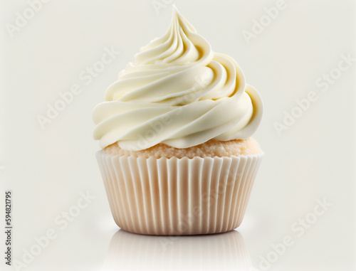 A cupcake with white frosting and a light pink frosting.