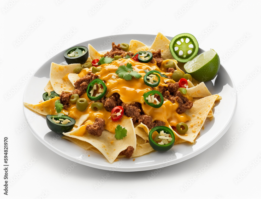 A plate of nachos with cheese, jalapenos, olives, and jalapenos. A plate of nachos with cheese, jalapenos, olives, and jalapenos.