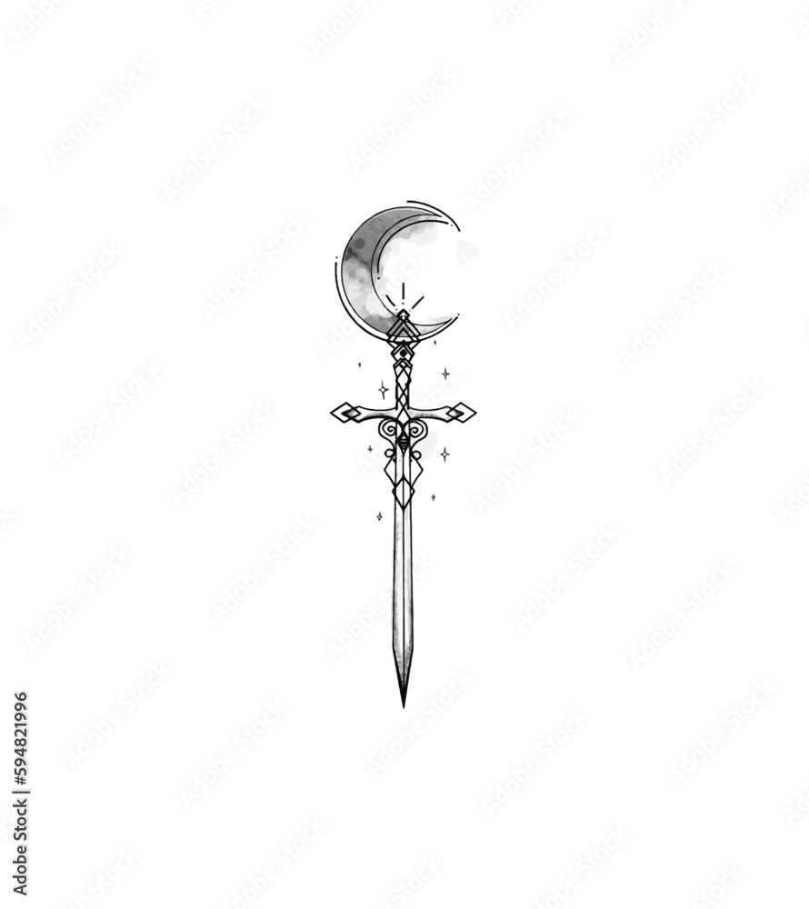 hand drawn lilith symbol as a moon and sword vector tattoo design Stock