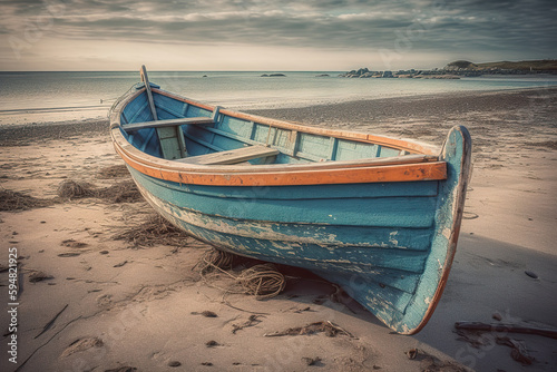 Wooden fishing boat on a sandy beach. Fishermans boat or dhow on sand. Boat on sand beach in bright sunlight. 3D realistic illustration. Generative AI