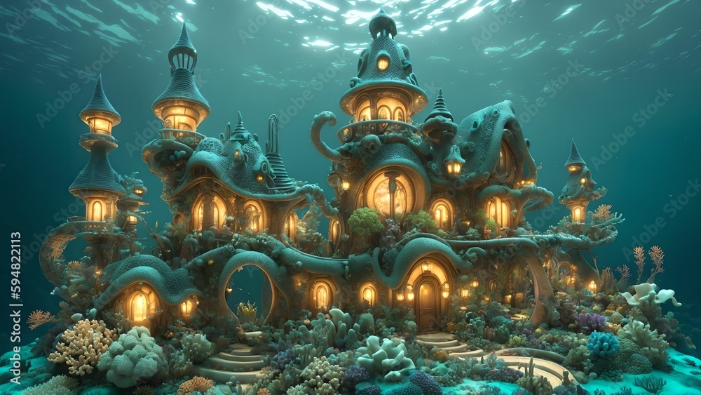 Obraz premium Landscape of an fairytale Art Nouveau style underwater village at the bottom of the ocean - Generative AI Illustration