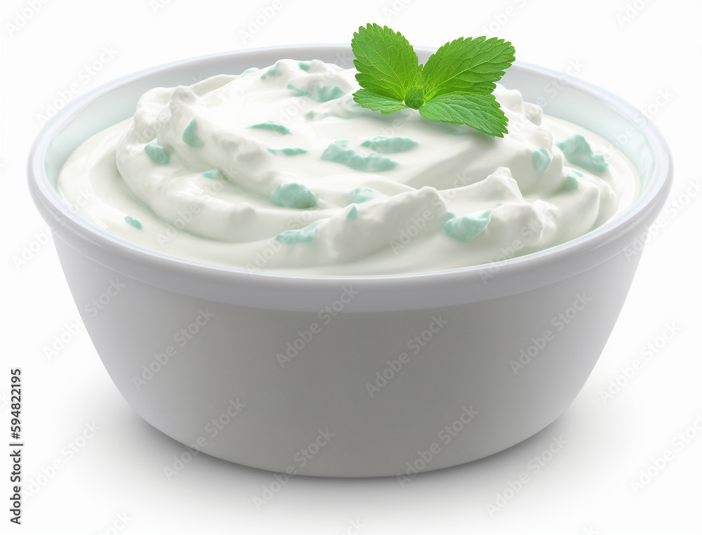 A bowl of sour cream with mint leaves on it A bowl of sour cream with mint leaves on it