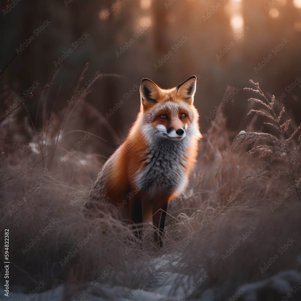 Red fox in winter forest. Beautiful wild animal in nature habitat