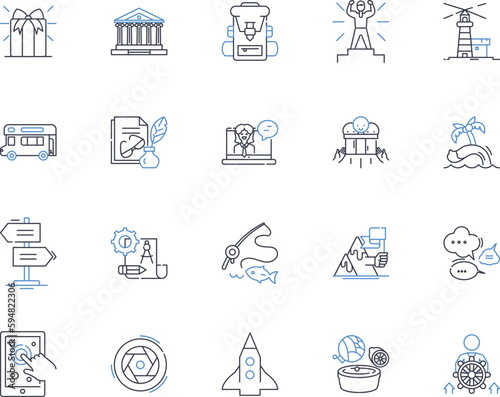 Slow travel line icons collection. Introspection, Mindfulness, Serenity, Tranquility, Contemplation, Relaxation, Exploration vector and linear illustration. Discovery,Curiosity,Connection outline