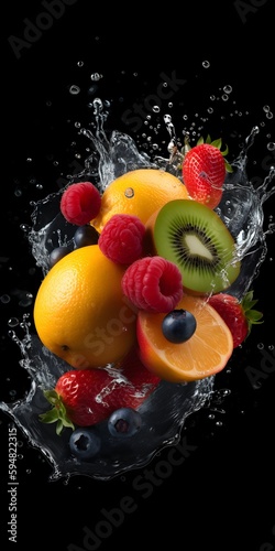 Fruit in water splash isolated on black background, Generative Ai