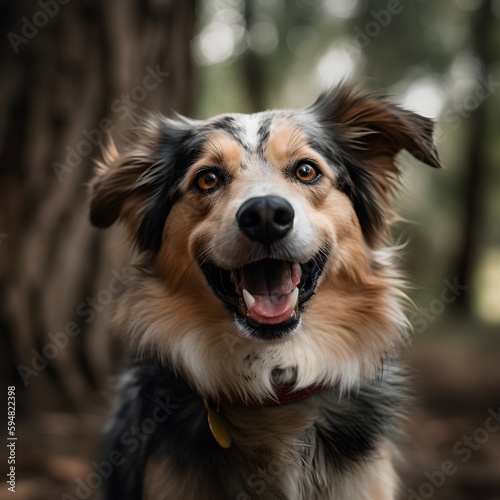 Portrait of happy dog on the background of the forest, Generative Ai © Ranya Art Studio
