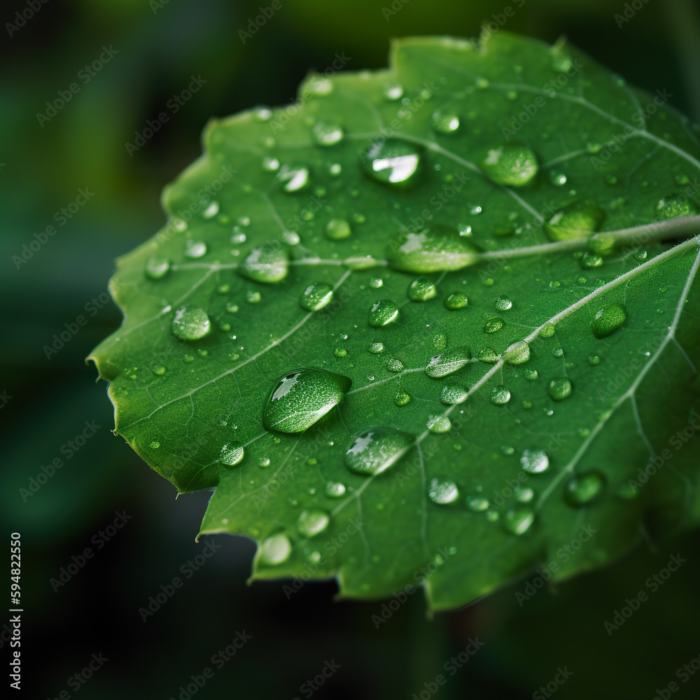 Big water drop water on green leaf. Environment concept. A leaf with water droplets on it is covered with water droplets. 3D realistic illustration. Generative AI Big water drop water on green leaf. Environment concept. A leaf with water droplets on it is covered with water droplets. 3D realistic illustration. Generative AI