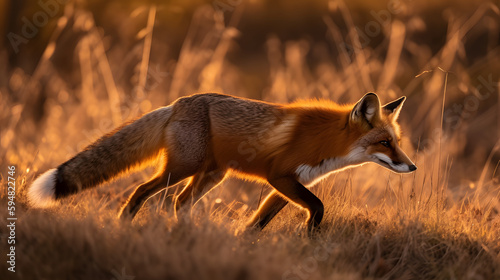 Red fox hunting for prey during the golden hour in a wheat field in the evening, DSLR camera effect, generative AI