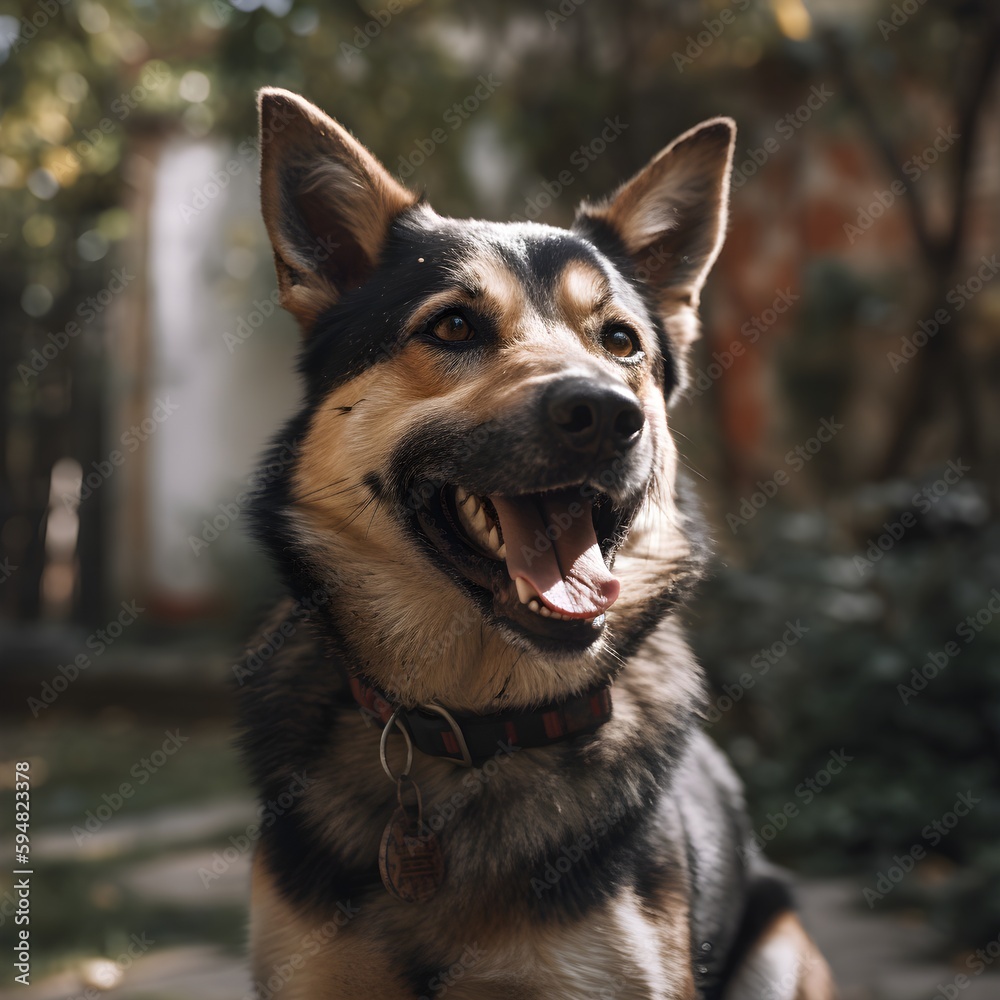 Portrait of happy dog on the background of the forest, Generative Ai
