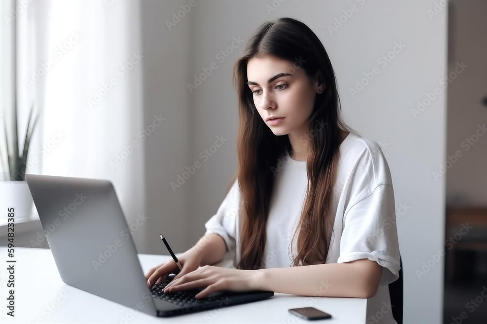 Young dark haired woman student using laptop computer at home studying online. Distance study, work from home, e-learning or business meeting online. High quality generative ai Young dark haired woman student using laptop computer at home studying online. Distance study, work from home, e-learning or business meeting online. High quality generative ai