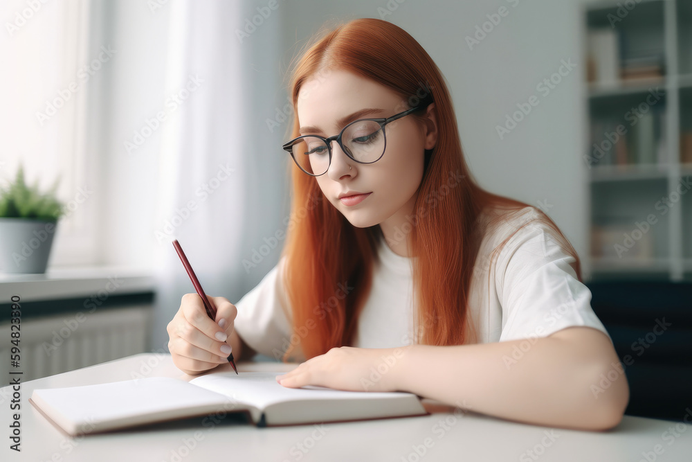 Young woman student doing homework. White background. High quality generative ai Young woman student doing homework. White background. High quality generative ai