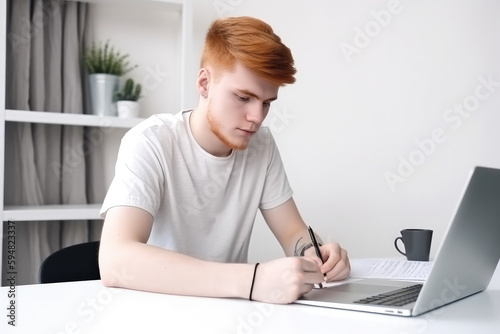 Young man student using laptop computer at home studying online. Distance study, work from home, e-learning or business meeting online. High quality generative ai