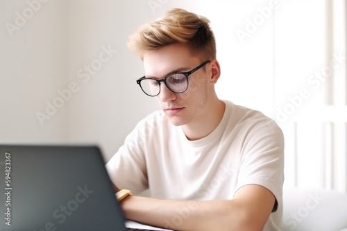 Young man student using laptop computer at home studying online. Distance study, work from home, e-learning or business meeting online. High quality generative ai