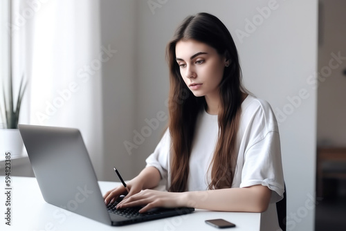 Young dark haired woman student using laptop computer at home studying online. Distance study, work from home, e-learning or business meeting online. High quality generative ai