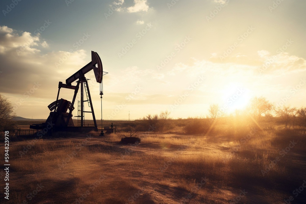 Image of working pumpjack over landscape and sun. Generative AI