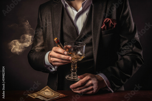 Rich man concept, man with whiskey, and cigar. Generative AI