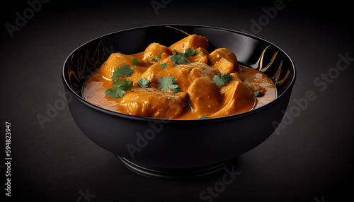 Indian butter chicken in a black bowl against a dark backdrop, Generative AI