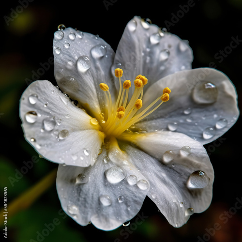 Beautiful pink flower in the rain against a dark natural background. Raindrop on a pink plant part. 3D realistic illustration. Generative AI