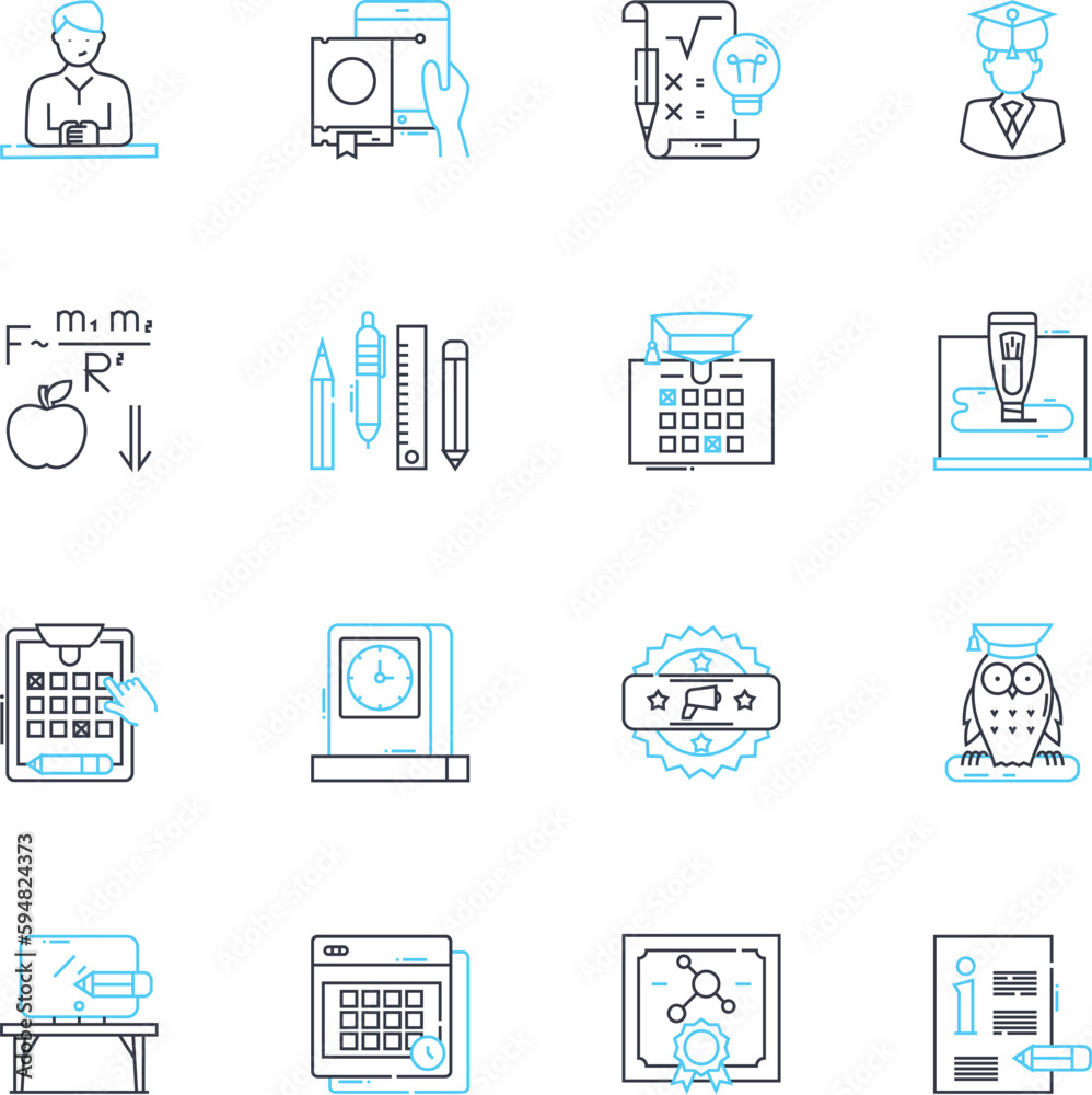 Tertiary degree linear icons set. Achievement, Ambition, Aspiration, Certification, Challenge, Commitment, Degree line vector and concept signs. Effort,Expertise,Focus outline illustrations
