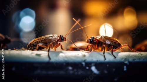 Selective focus to cockroach on table. Generative AI.