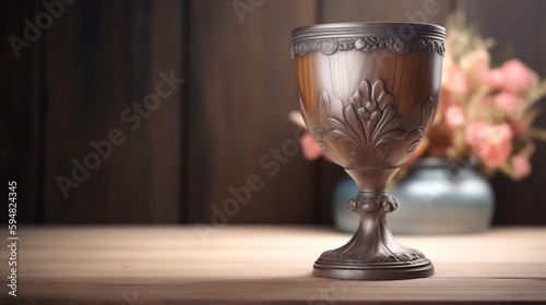 Antique wooden cup with zenithal illumination located to the right of the antique image on wooden board. Generative AI.  photo