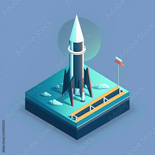 Isometric space rocket ready to launch on blue background, Generative AI