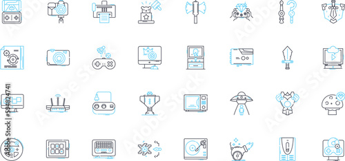 Interactive entertainment industry linear icons set. Gaming, Streaming, Virtual, Augmented, Reality, Immersive, eSports line vector and concept signs. Gamification,Animation,Characters outline
