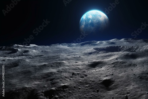 Blue Earth seen from the Moon. 3D illustration. Generative AI