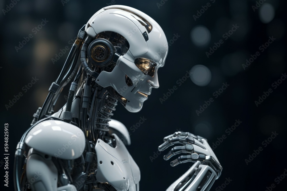 The contemporary white robot is pondering about the solution to the problem. AI generated, human enhanced The contemporary white robot is pondering about the solution to the problem. AI generated, human enhanced