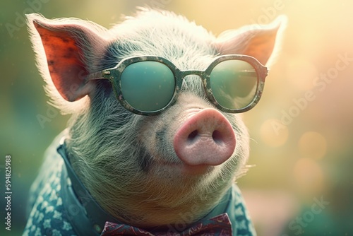 Funny cute pig in sunglasses with happy emotion. AI generated, human enhanced