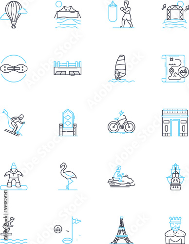 Voyage linear icons set. Expedition, Cruise, Journey, Adventure, Trek, Odyssey, Safari line vector and concept signs. Expeditionary,Excursion,Tour outline illustrations photo