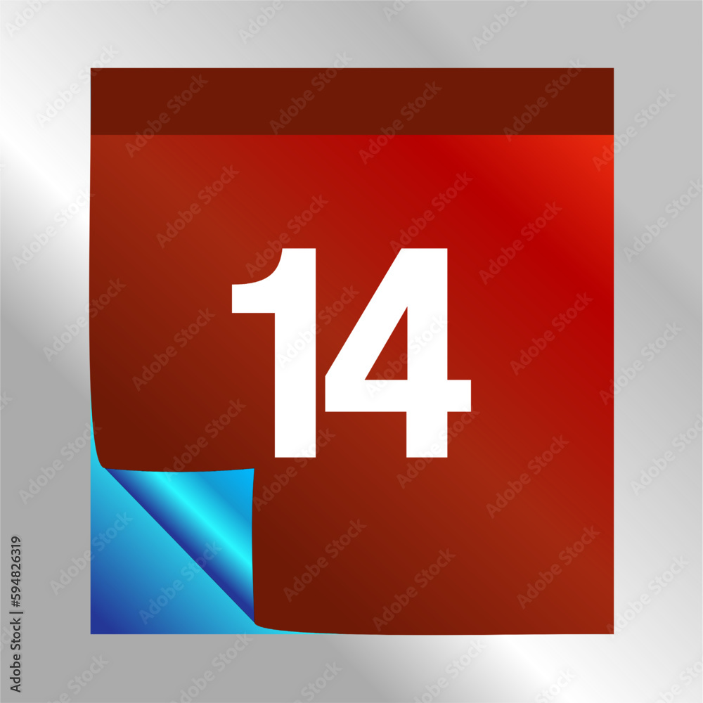 Calendar Day 14 icon with blue gradient foil effect. Modern design, red gradient. Folded calendar sheet. vector illustration Calendar Day 14 icon with blue gradient foil effect. Modern design, red gradient. Folded calendar sheet. vector illustration