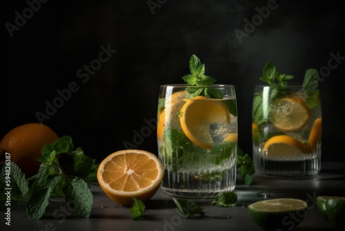 Summer healthy lemonade, cocktails of citrus infused water or mojitos. AI generated, human enhanced