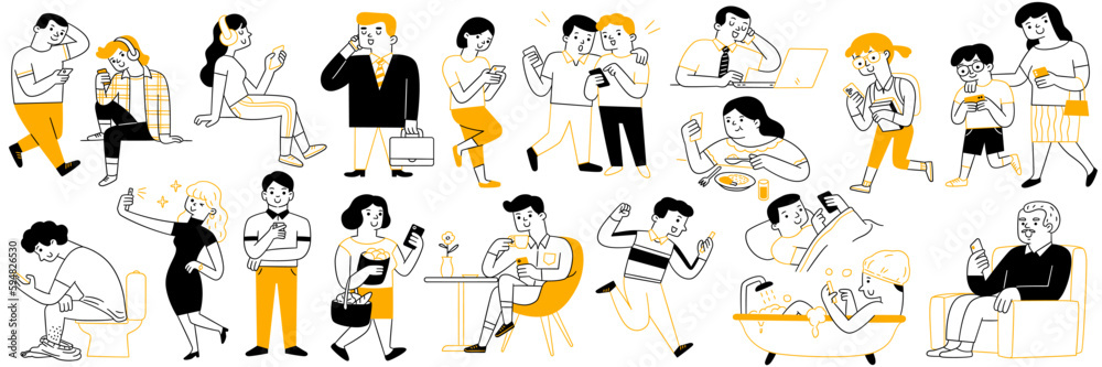 Cute character illustration doodle style of many people using smartphone in various activities, poses, ages, career. Outline, thin line art, hand drawn sketch design, simple style. Cute character illustration doodle style of many people using smartphone in various activities, poses, ages, career. Outline, thin line art, hand drawn sketch design, simple style.