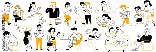 Cute character illustration doodle style of many people using smartphone in various activities, poses, ages, career. Outline, thin line art, hand drawn sketch design, simple style.