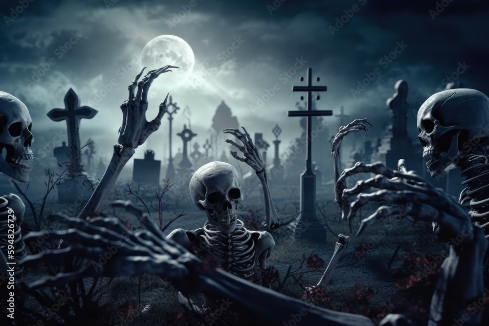 Zombies Rising In Dark. Bones And Skulls Out Of A Cemetery. AI generated, human enhanced Zombies Rising In Dark. Bones And Skulls Out Of A Cemetery. AI generated, human enhanced