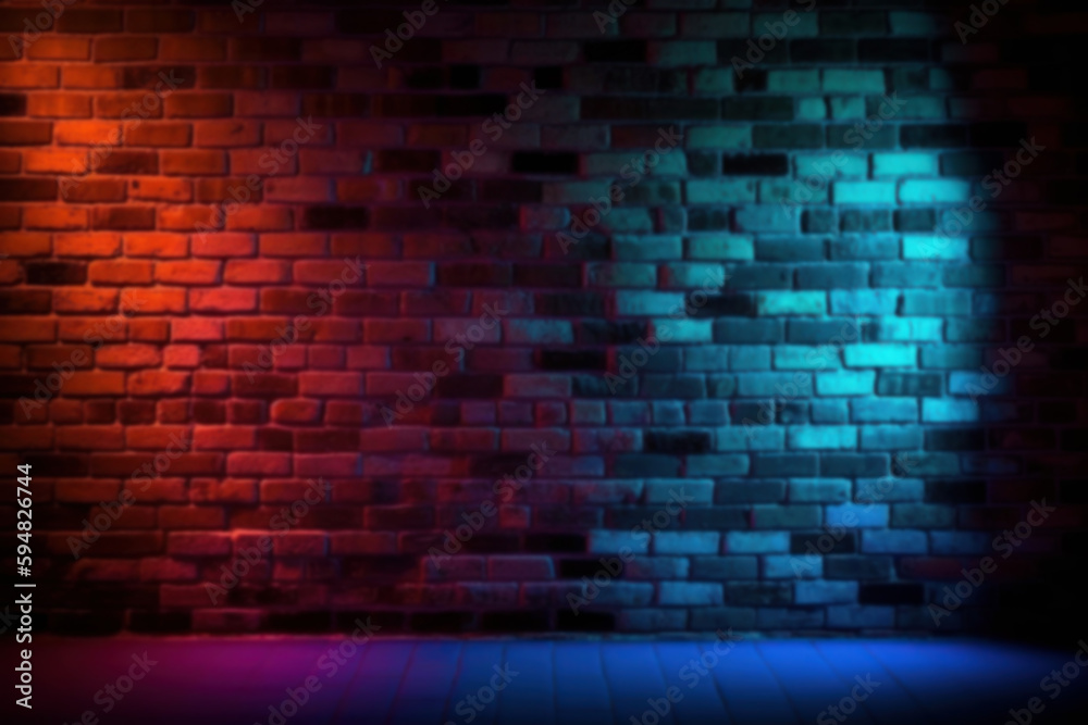 Blurred brick wall background with neon light. Defocused back. Bokeh blank, graphic resource. AI generated Blurred brick wall background with neon light. Defocused back. Bokeh blank, graphic resource. AI generated