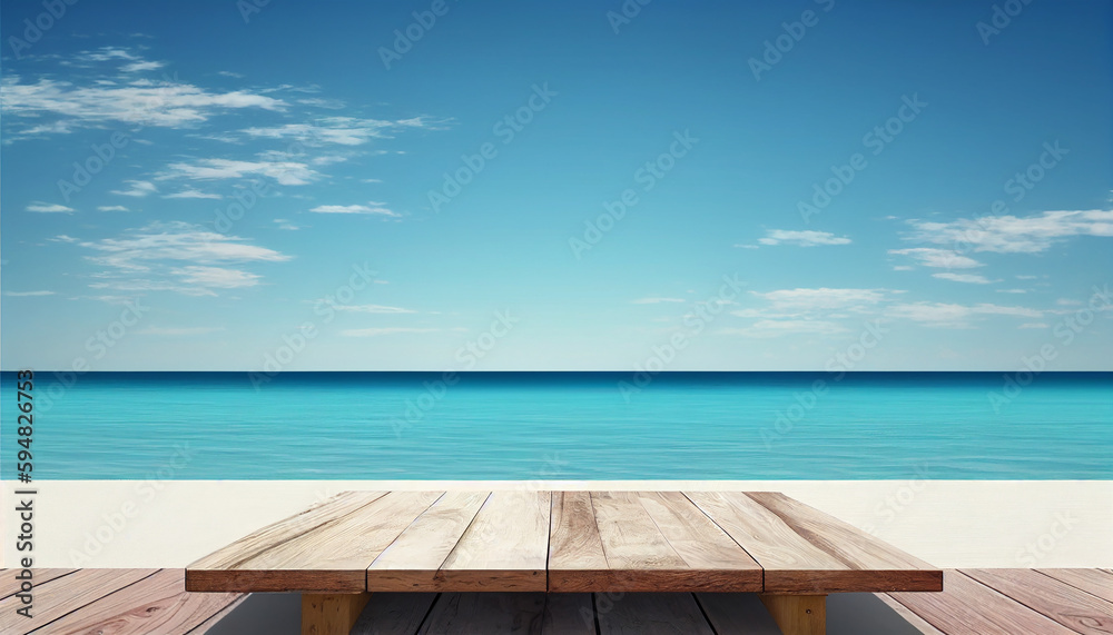 A wooden board table with an empty spot is in front of a blue sky background, Generative AI