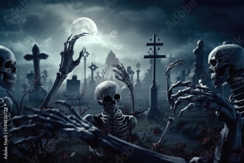 Zombies Rising In Dark. Bones And Skulls Out Of A Cemetery. AI generated, human enhanced