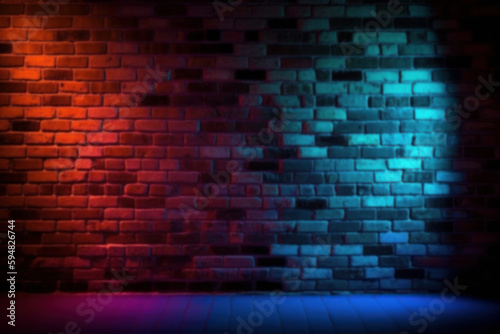 Blurred brick wall background with neon light. Defocused back. Bokeh blank  graphic resource. AI generated