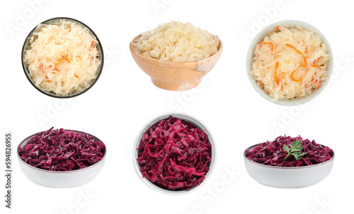 Collage with bowls of different tasty sauerkraut on white background