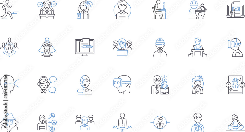 Administrative role line icons collection. Organizing, Scheduling, Coordinating, Planning, Managing, Multitasking, Prioritizing vector and linear illustration. Correspondence,Documentation,Filing