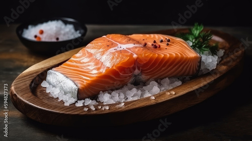 Raw Salmon fish, fresh salmon fillet at cutting board with ingredients for cooking. AI