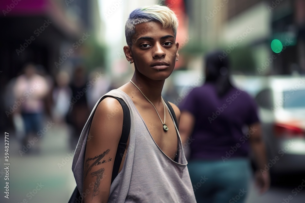 Non-binary person portrait on the city street. Generative AI