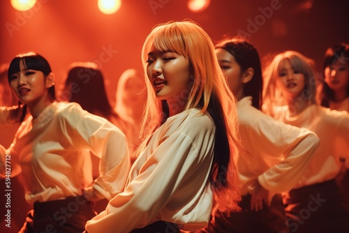 K-pop girl group dancing on concert. Close up shot. Generative AI