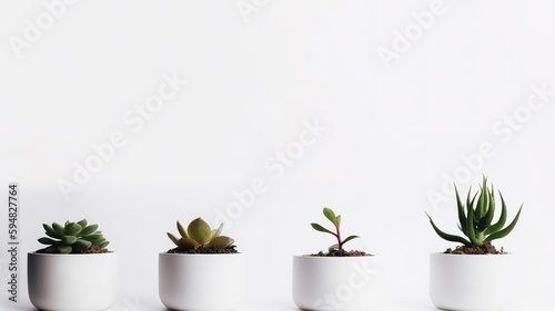 Four little pot plants with succulents over white background with copy space. Generative AI