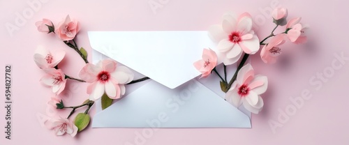 Layout of pink background with envelope and cherry blossom flowers. Generative AI